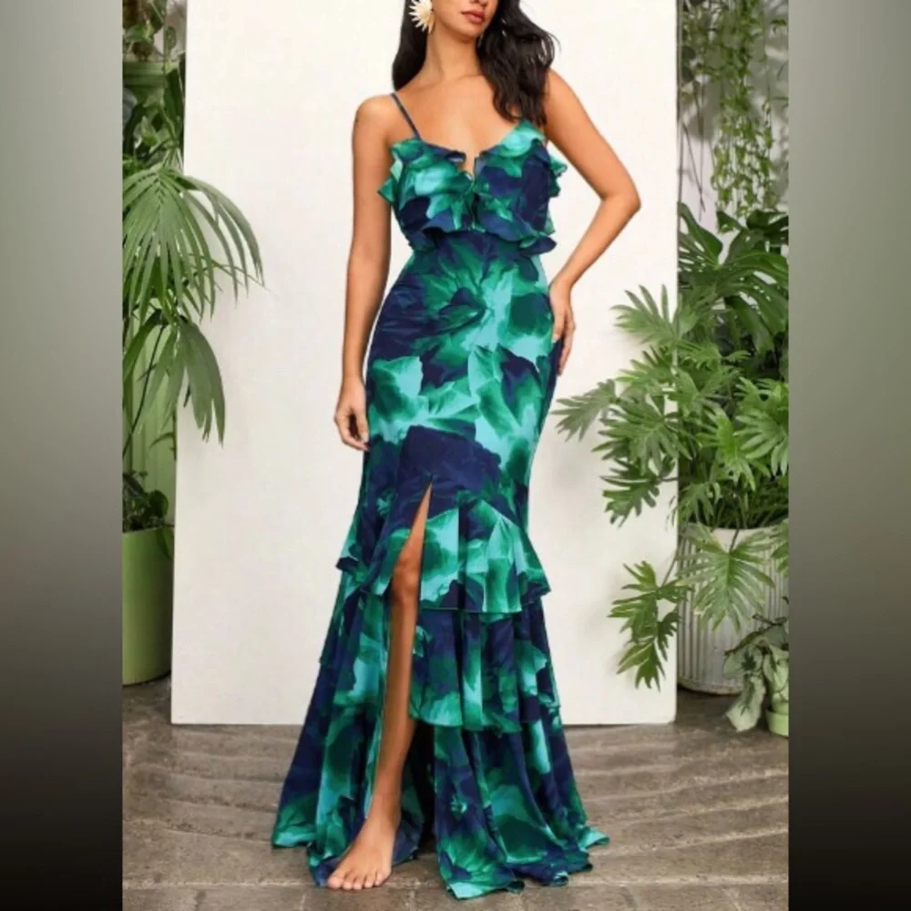Green Floral Ruffle Mermaid Maxi Dress - Women's